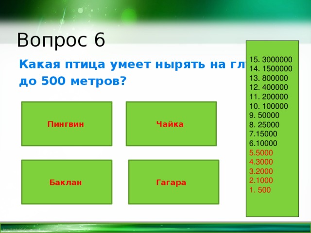 Вопрос 6 15. 3000000 14. 1500000 13. 800000 12. 400000 11. 200000 10. 100000 9. 50000 8. 25000 7.15000 6.10000 5.5000 4.3000 3.2000 2.1000 1. 500 Какая птица умеет нырять на глубину до 500 метров? Пингвин Чайка Баклан Гагара 