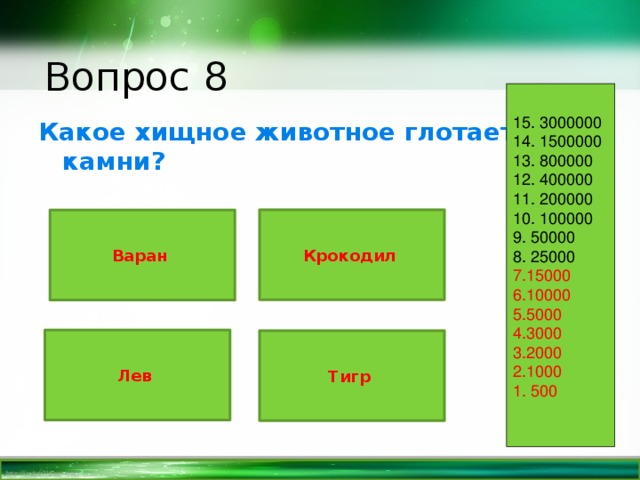 Вопрос 8 15. 3000000 14. 1500000 13. 800000 12. 400000 11. 200000 10. 100000 9. 50000 8. 25000 7.15000 6.10000 5.5000 4.3000 3.2000 2.1000 1. 500 Какое хищное животное глотает камни? Крокодил Варан Лев Тигр 