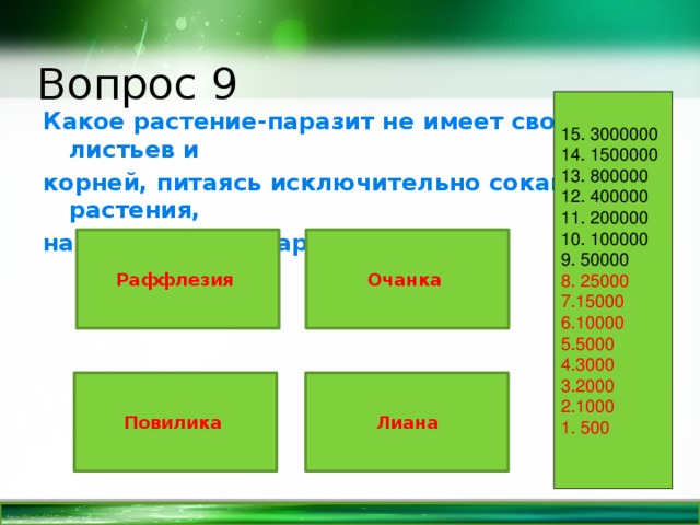 Вопрос 9 15. 3000000 14. 1500000 13. 800000 12. 400000 11. 200000 10. 100000 9. 50000 8. 25000 7.15000 6.10000 5.5000 4.3000 3.2000 2.1000 1. 500 Какое растение-паразит не имеет своих листьев и корней, питаясь исключительно соками растения, на котором оно паразитирует? Раффлезия Очанка Повилика Лиана 