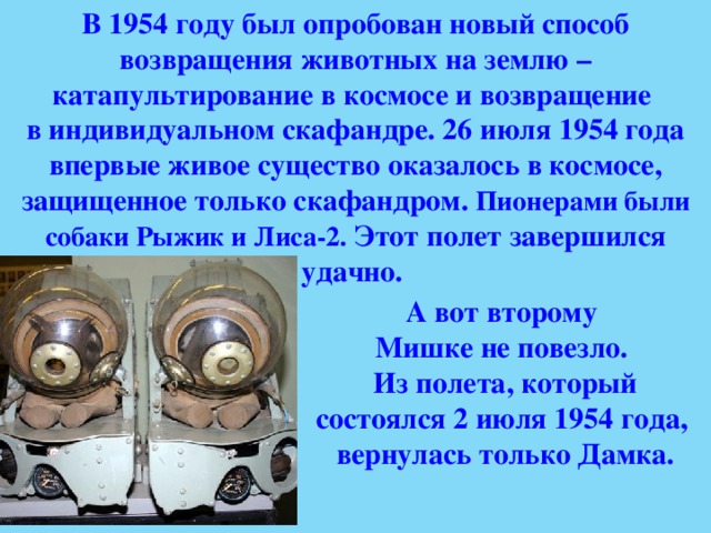 В 1954 году был опробован новый способ возвращения животных на землю – катапультирование в космосе и возвращение в индивидуальном скафандре. 26 июля 1954 года впервые живое существо оказалось в космосе, защищенное только скафандром. Пионерами были собаки Рыжик и Лиса-2. Этот полет завершился удачно.  А вот второму Мишке не повезло. Из полета, который состоялся 2 июля 1954 года, вернулась только Дамка. 