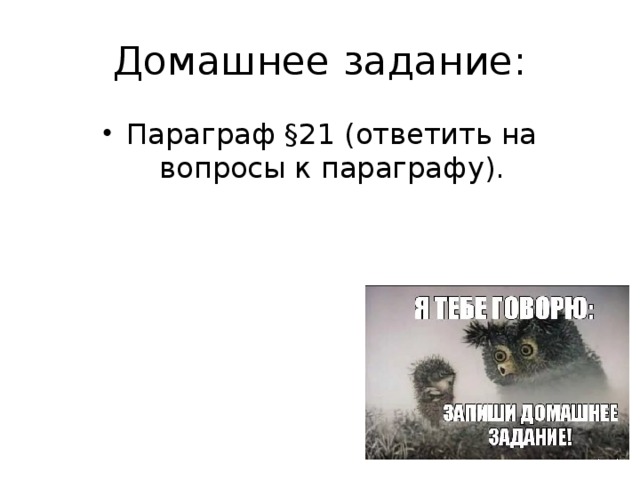 Домашнее задание: Параграф §21 (ответить на вопросы к параграфу). 