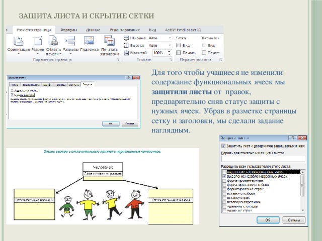 Защита листа и скрытие сетки Для того чтобы учащиеся не изменили содержание функциональных ячеек мы защитили листы от правок, предварительно сняв статус защиты с нужных ячеек. Убрав в разметке страницы сетку и заголовки, мы сделали задание наглядным. 