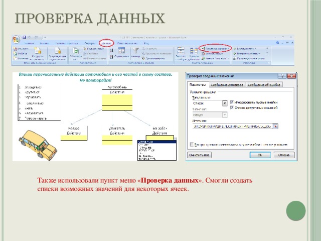 Проверка данных Также использовали пункт меню « Проверка данных ». Смогли создать списки возможных значений для некоторых ячеек. 