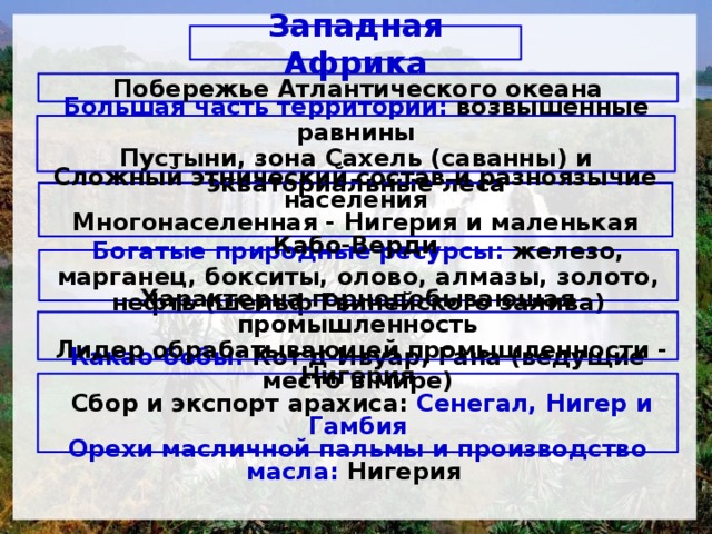 Западная Африка Побережье Атлантического океана Большая часть территории: возвышенные равнины Пустыни, зона Сахель (саванны) и экваториальные леса Сложный этнический состав и разноязычие населения Многонаселенная - Нигерия и маленькая Кабо-Верди Богатые природные ресурсы: железо, марганец, бокситы, олово, алмазы, золото, нефть (шельф Гвинейского залива) Характерна горнодобывающая промышленность  Лидер обрабатывающей промышленности - Нигерия Какао-бобы: Кот'д-Ивуар, Гана (веду­щие место в мире)  Сбор и экспорт арахиса: Сенегал, Нигер и Гамбия Орехи масличной пальмы и производство масла: Нигерия 