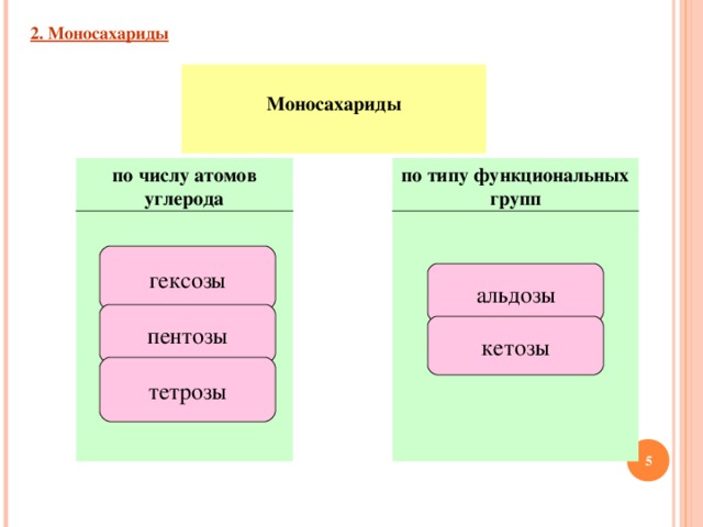2. Моносахариды  Моносахариды  по числу атомов углерода  по типу функциональных групп гексозы альдозы пентозы кетозы тетрозы  
