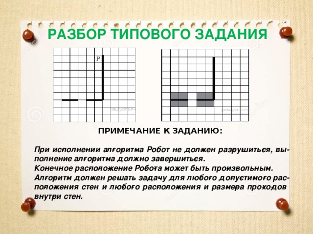РАЗБОР ТИПОВОГО ЗАДАНИЯ ПРИМЕЧАНИЕ К ЗАДАНИЮ:   При ис­пол­не­нии ал­го­рит­ма Робот не дол­жен раз­ру­шить­ся, вы­пол­не­ние ал­го­рит­ма долж­но за­вер­шить­ся. Ко­неч­ное рас­по­ло­же­ние Ро­бо­та может быть про­из­воль­ным. Ал­го­ритм дол­жен ре­шать за­да­чу для лю­бо­го до­пу­сти­мо­го рас­по­ло­же­ния стен и лю­бо­го рас­по­ло­же­ния и раз­ме­ра про­хо­дов внут­ри стен. 