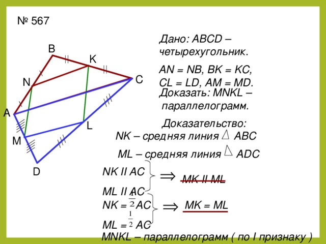 № 567 Дано: ABCD – четырехугольник. В K AN = NB, BK = KC, CL = LD, AM = MD. С N  Доказать: MNKL –  параллелограмм. А Доказательство: L NK – средняя линия ABC  M ML – средняя линия ADC NK II AC ML II AC D MK II ML MK = ML NK = AC ML = AC MNKL – параллелограмм ( по I признаку )