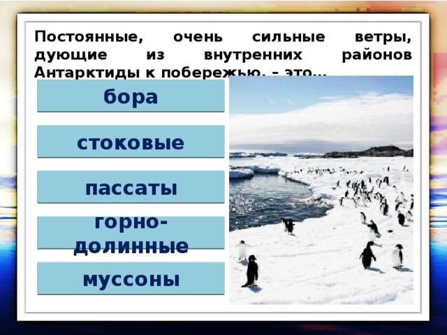Постоянные, очень сильные ветры, дующие из внутренних районов Антарктиды к побережью, – это… бора стоковые пассаты горно-долинные муссоны 