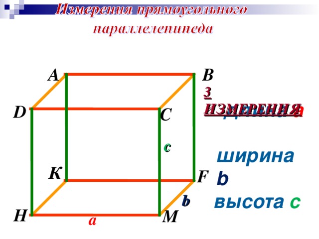 A B 3 ИЗМЕРЕНИЯ длина а  D C c ширина b К F высота с  b H М а 