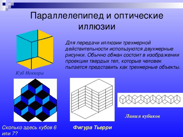 Параллелепипед и оптические иллюзии  Для передачи иллюзии трехмерной действительности используются двухмерные рисунки. Обычно обман состоит в изображении проекции твердых тел, которые человек пытается представить как трехмерные объекты. Куб Неккера Линия кубиков Сколько здесь кубов 6 или 7? Фигура Тьерри 