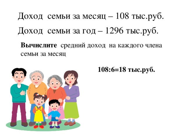 Доход  семьи за месяц – 108 тыс.руб.   Доход  семьи за год – 1296 тыс.руб.   Вычислите   средний доход на каждого члена семьи за месяц 108:6=18 тыс.руб. 