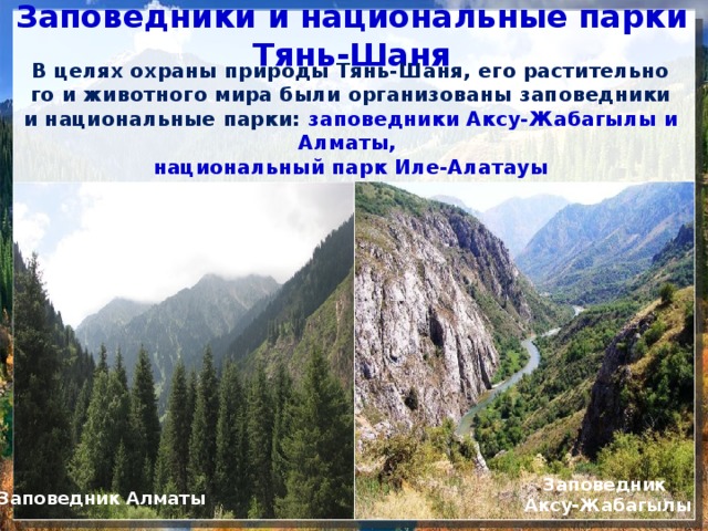 Заповедники и национальные парки Тянь-Шаня В целях охраны природы Тянь-Шаня, его растительно­го и животного мира были организованы заповедники и на­циональные парки: заповедники Аксу-Жабагылы и Алматы, национальный парк Иле-Алатауы  Заповедник Аксу-Жабагылы Заповедник Алматы 