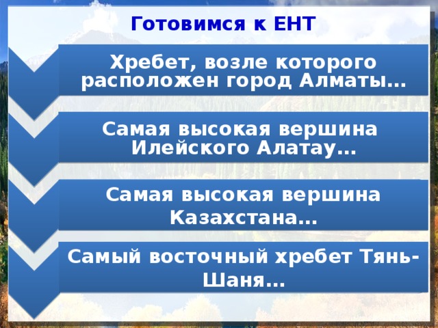 Илейский Алатау Илейский Алатау Талгар, 4979м Талгар, 4979м Хан-Танири, 6995м Хан-Танири, 6995м Узынкара Узынкара Готовимся к ЕНТ Хребет, возле которого расположен город Алматы… Самая высокая вершина Илейского Алатау… Самая высокая вершина Казахстана… Самый восточный хребет Тянь-Шаня… 