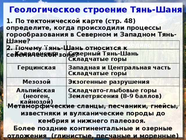  Геологическое строение Тянь-Шаня Метаморфические сланцы, песчаники, гнейсы, известняки и вулканические породы до­кембрия и нижнего палеозоя. Более поздние континенталь­ные и озерные отложения (глинистые, песчаные и моренные) - на горных равни­нах. 1. По тектонической карте (стр. 48) определите, когда происходили процессы горообразования в Северном и Западном Тянь-Шане? 2. Почему Тянь-Шань относится к сейсмической зоне?    Складчатость Что происходило Каледонская Северный Тянь-Шань Герцинская Складчатые горы Мезозой Западная и Центральная часть Экзогенные разрушения Складчатые горы Альпийская (неоген, кайнозой) Складчато-глыбовые горы Землетрясения (8-9 баллов) 