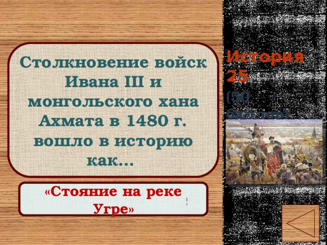 История 25 Столкновение войск Ивана III и монгольского хана Ахмата в 1480 г. вошло в историю как… (50 баллов) Правильный ответ «Стояние на реке Угре» 
