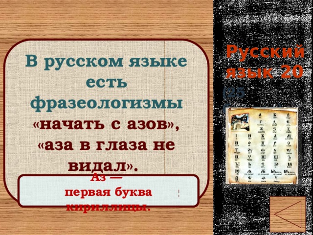 Русский язык 20 В русском языке есть фразеологизмы «начать с азов», «аза в глаза не видал». Что же такое аз ? (25 баллов) Правильный ответ Аз — первая буква кириллицы. 