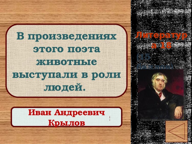 Литература 18 В произведениях этого поэта животные выступали в роли людей. (15 баллов) Правильный ответ Иван Андреевич Крылов 