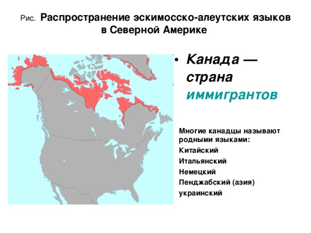 Рис. Распространение эскимосско-алеутских языков в Северной Америке Канада — страна иммигрантов  Многие канадцы называют родными языками: Китайский Итальянский Немецкий Пенджабский (азия) украинский 