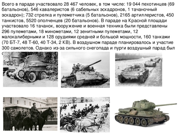 Всего в параде участвовало 28 467 человек, в том числе: 19 044 пехотинцев (69 батальонов), 546 кавалеристов (6 сабельных эскадронов, 1 тачаночный эскадрон); 732 стрелка и пулеметчика (5 батальонов), 2165 артиллеристов, 450 танкистов, 5520 ополченцев (20 батальонов). В параде на Красной площади участвовало 16 тачанок, вооружение и военная техника были представлены 296 пулеметами, 18 минометами, 12 зенитными пулеметами, 12 малокалиберными и 128 орудиями средней и большой мощности, 160 танками (70 БТ-7, 48 Т-60, 40 Т-34, 2 КВ). В воздушном параде планировалось и участие 300 самолетов. Однако из-за сильного снегопада и пурги воздушный парад был отменен. 