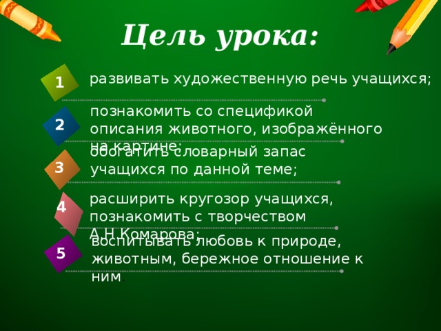 Цель урока: развивать художественную речь учащихся; 1 познакомить со спецификой описания животного, изображённого на картине; 2 обогатить словарный запас учащихся по данной теме; 3 расширить кругозор учащихся, познакомить с творчеством А.Н.Комарова; 4 воспитывать любовь к природе, животным, бережное отношение к ним . 5 