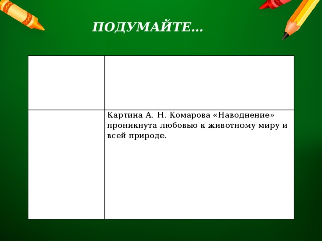 ПОДУМАЙТЕ… Что еще можно сказать об этом зайце? Как он проявил себя? Он умный, хитрый, догадливый, находчивый. Можно ли по этой картине судить о том, как художник относится к животным вообще и к этому зайцу, попавшему в беду? Не растерялся в опасный момент, нашёл выход из создавшегося положения. Картина А. Н. Комарова «Наводнение» проникнута любовью к животному миру и всей природе. 