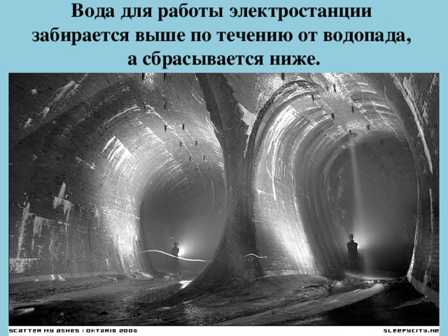 Вода для работы электростанции  забирается выше по течению от водопада,  а сбрасывается ниже.