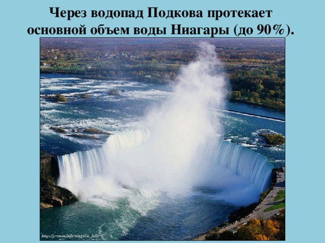 Через водопад Подкова протекает  основной объем воды Ниагары (до 90%).