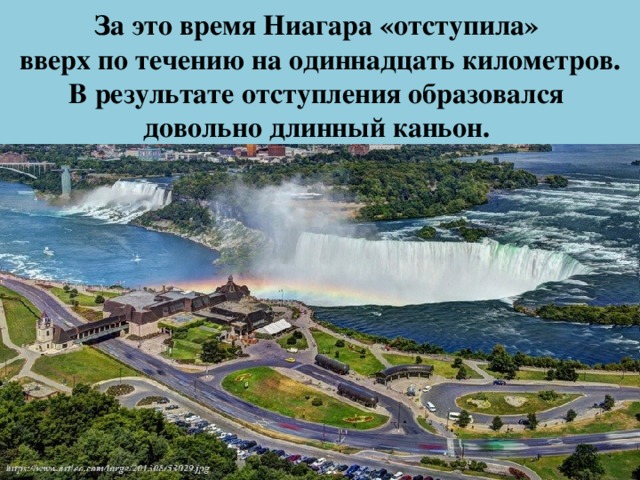За это время Ниагара «отступила»  вверх по течению на одиннадцать километров. В результате отступления образовался  довольно длинный каньон. 