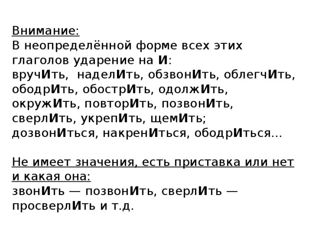 Внимание: В неопределённой форме всех этих глаголов ударение на И :  вруч И ть,  надел И ть, обзвон И ть, облегч И ть, ободр И ть, обостр И ть, одолж И ть, окруж И ть, повтор И ть, позвон И ть, сверл И ть, укреп И ть, щем И ть;  дозвон И ться, накрен И ться, ободр И ться... Не имеет значения, есть приставка или нет и какая она: звон И ть — позвон И ть, сверл И ть — просверл И ть и т.д. 