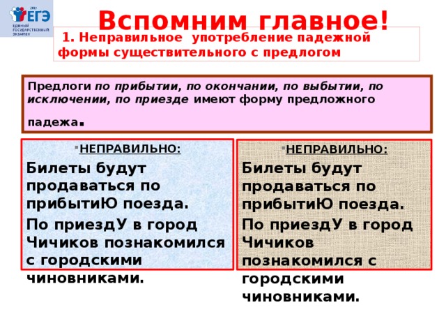 Вспомним главное!  1. Неправильное употребление падежной формы существительного с предлогом Предлоги по прибытии, по окончании, по выбытии, по исключении, по приезде имеют форму предложного падежа .  НЕПРАВИЛЬНО: Билеты будут продаваться по прибытиЮ поезда. По приездУ в город Чичиков познакомился с городскими чиновниками. НЕПРАВИЛЬНО: Билеты будут продаваться по прибытиЮ поезда. По приездУ в город Чичиков познакомился с городскими чиновниками. 