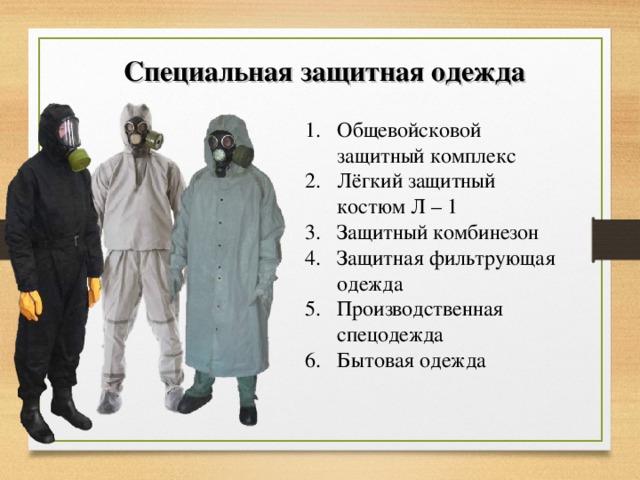 Специальные защитные. Защитная фильтрующая одежда (костюм л1)¶. Общевойсковой защитный комплекс. В комплект защитной фильтрующей одежды л-1 входят. ЗФО материал.