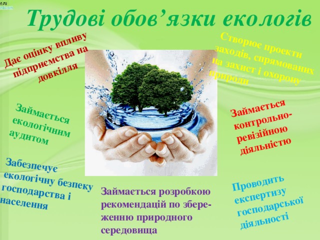  Трудові обов’язки екологів Дає оцінку впливу  підприємства на  Створює проекти заходів, спрямованих на захист і охорону природи  довкілля Проводить експертизу господарської діяльності Забезпечує екологічну безпеку господарства і населення Займається контрольно-ревізійною діяльністю Займається екологічним аудитом Займається розробкою рекомендацій по збере-женню природного середовища 