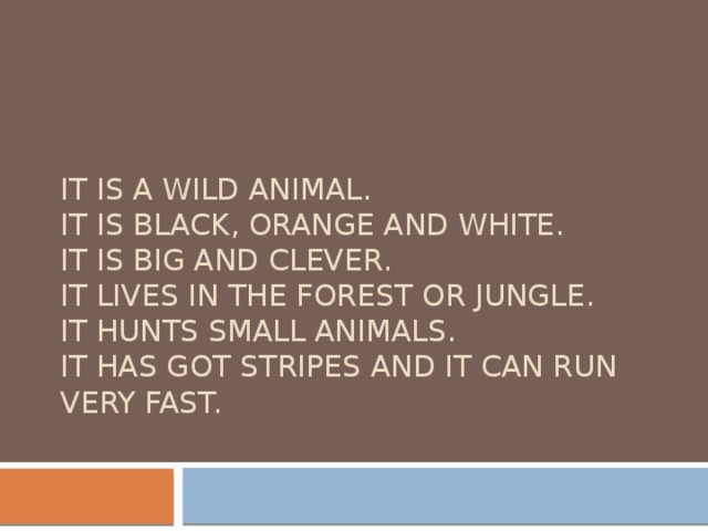 It is a wild animal.  It is black, orange and white.  It is big and clever.  It lives in the forest or jungle.  It hunts small animals.  It has got stripes and it can run very fast.        