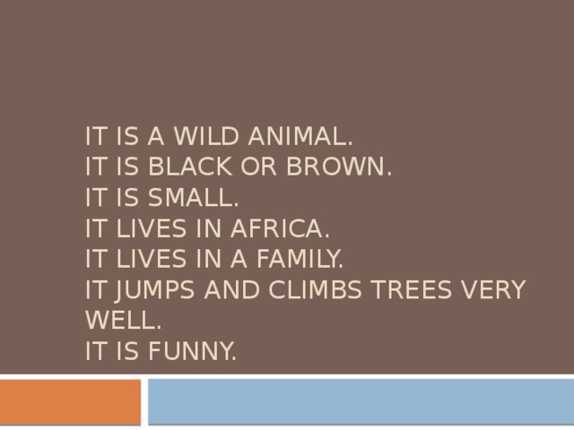 It is a wild animal.  It is black or brown.  It is small.  It lives in Africa.  It lives in a family.  It jumps and climbs trees very well.  It is funny. 