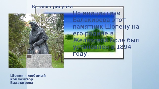 Вставка рисунка По инициативе Балакирева этот памятник Шопену на его родине в Желязовой Воле был установлен в 1894 году. Шопен – любимый композитор Балакирева 