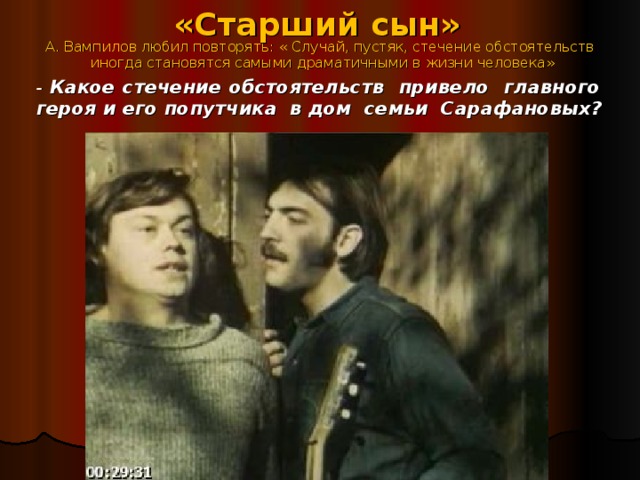 «Старший сын» А. Вампилов любил повторять: « Случай, пустяк, стечение обстоятельств иногда становятся самыми драматичными в жизни человека» - Какое стечение обстоятельств привело главного героя и его попутчика в дом семьи Сарафановых? 