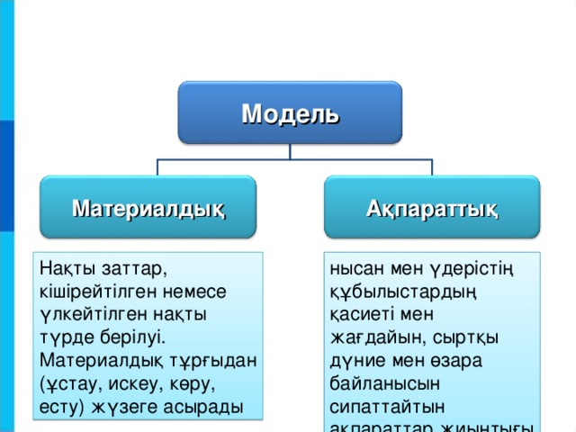 Модель Материалдық Ақпараттық нысан мен үдерістің құбылыстардың қасиеті мен жағдайын, сыртқы дүние мен өзара байланысын сипаттайтын ақпараттар жиынтығы Нақты заттар, кішірейтілген немесе үлкейтілген нақты түрде берілуі. Материалдық тұрғыдан (ұстау, искеу, көру, есту) жүзеге асырады 