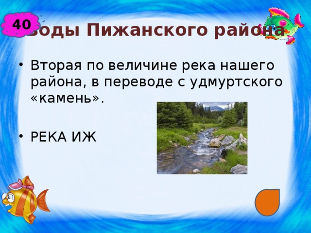 Воды Пижанского района 40 Вторая по величине река нашего района, в переводе с удмуртского «камень». РЕКА ИЖ 