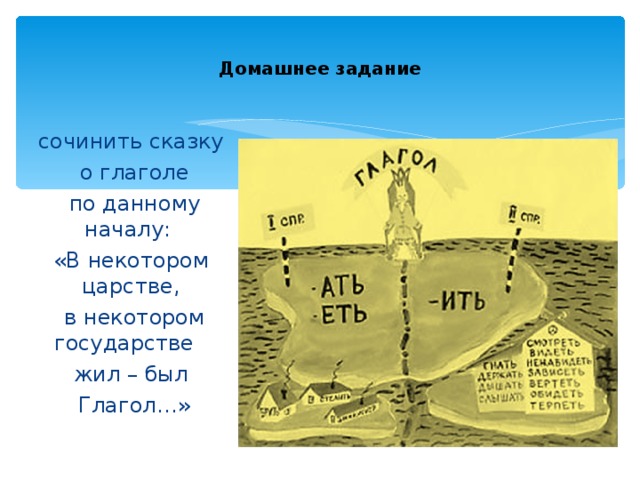 Домашнее задание сочинить сказку  о глаголе  по данному началу: «В некотором царстве,  в некотором государстве жил – был  Глагол…» 
