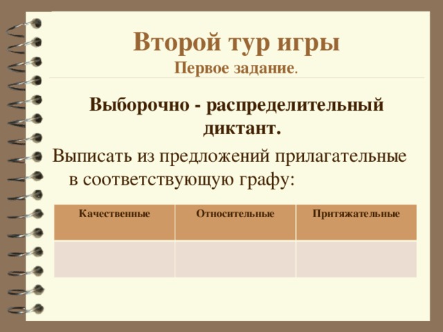 Второй тур игры  Первое задание . Выборочно - распределительный диктант. Выписать из предложений прилагательные в соответствующую графу:       Качественные Относительные Притяжательные 