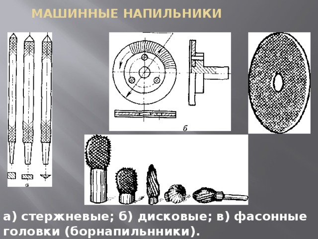 МАШИННЫЕ НАПИЛЬНИКИ а) стержневые; б) дисковые; в) фасонные головки (борнапильнники). 