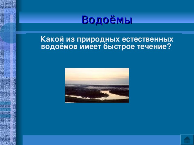 Водоёмы  Какой из природных естественных водоёмов имеет быстрое течение?    