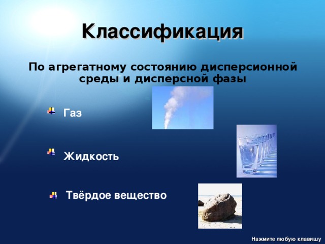 Классификация По агрегатному состоянию дисперсионной среды и дисперсной фазы Газ Жидкость Твёрдое вещество Нажмите любую клавишу 
