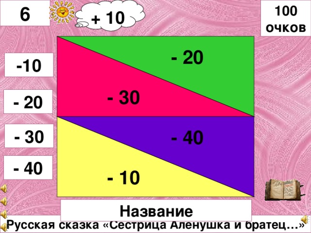 6 + 10 100 очков - 20 - 40 - 30 -10 - 20 - 10 - 30 - 40 Название Русская сказка «Сестрица Аленушка и братец…»