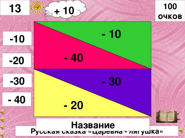+ 10 100 очков 13 - 10 - 30 - 40 -10 -20 - 20 -30 - 40 Название Русская сказка «Царевна - лягушка»