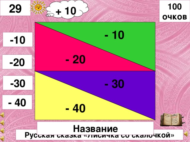 + 10 100 очков 29 - 10 - 30 - 20 -10 -20 - 40 -30 - 40 Название Русская сказка «Лисичка со скалочкой»