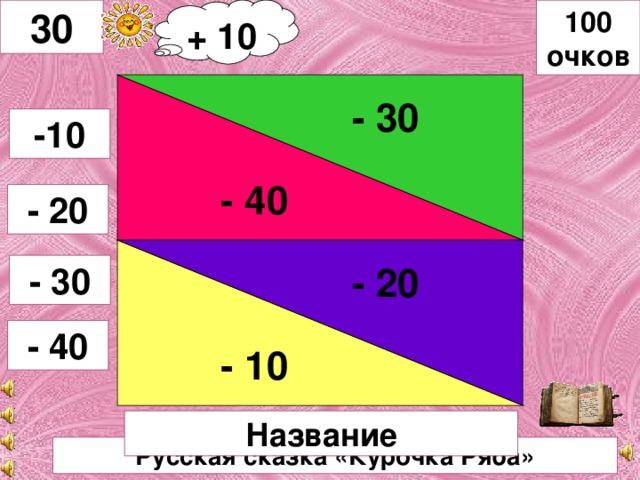 + 10 100 очков 30 - 30 - 20 - 40 -10 - 20 - 10 - 30 - 40 Название Русская сказка «Курочка Ряба»