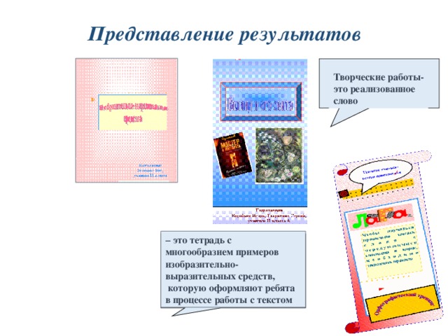 Представление результатов Творческие работы- это реализованное слово – это тетрадь с многообразием примеров изобразительно-выразительных средств,  которую оформляют ребята в процессе работы с текстом  