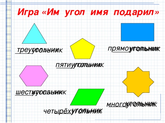 Игра «Им угол имя подарил» прямоугольник ____угольник треугольник ____угольник ____угольник пятиугольник шестиугольник ____угольник ____угольник многоугольник ____угольник четырёхугольник 