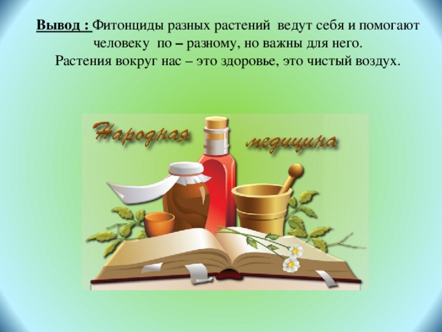 Вывод : Фитонциды  разных растений ведут себя и помогают человеку по – разному, но важны для него. Растения вокруг нас – это здоровье, это чистый воздух. 